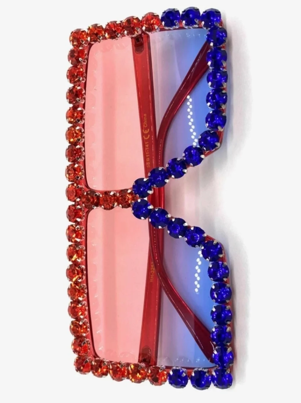 Unisex Crystal Embellished Red & Blue Oversized Square Sunglasses